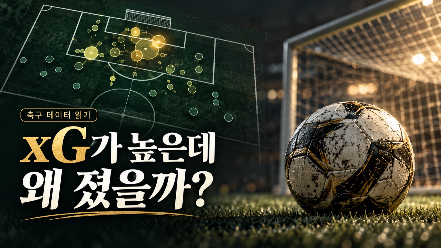 축구공과 골대, 슈팅 위치를 나타내는 원형 표시 위에 xG가 높은데 왜 졌을까라는 제목이 있는 설명 이미지